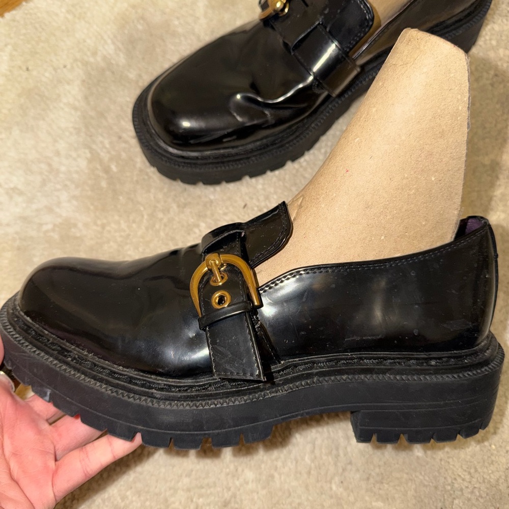 Sam Edelman Glossy Black Loafers with Gold Accent